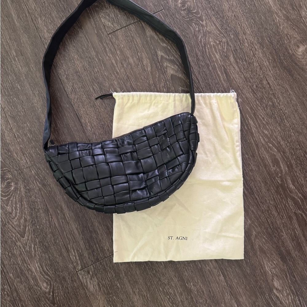 St. Agni Black Leather Woven Shoulder Bag
